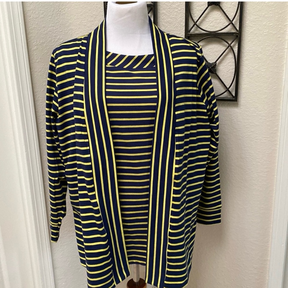 Denim&Co Navy and Yellow Striped Top